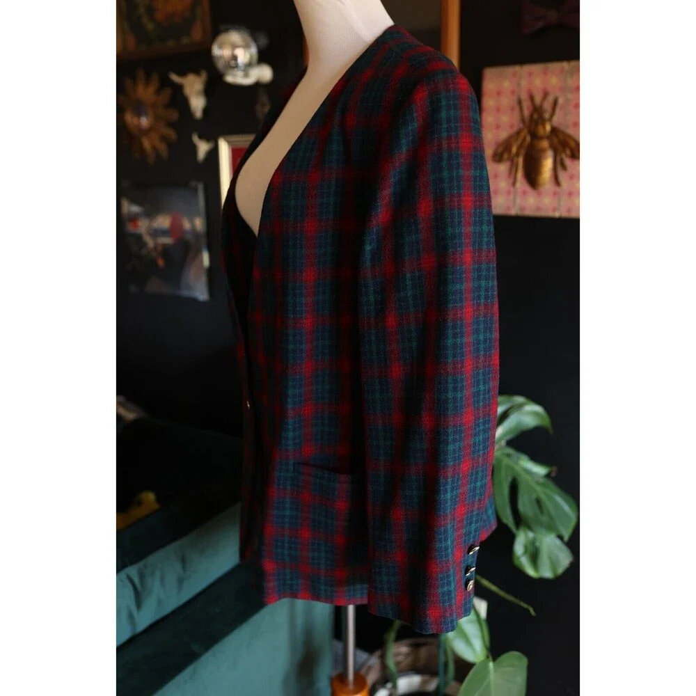 Vintage Leslie Fay Blazer Jacket Womens 18W Christmas Green Red Plaid Wool